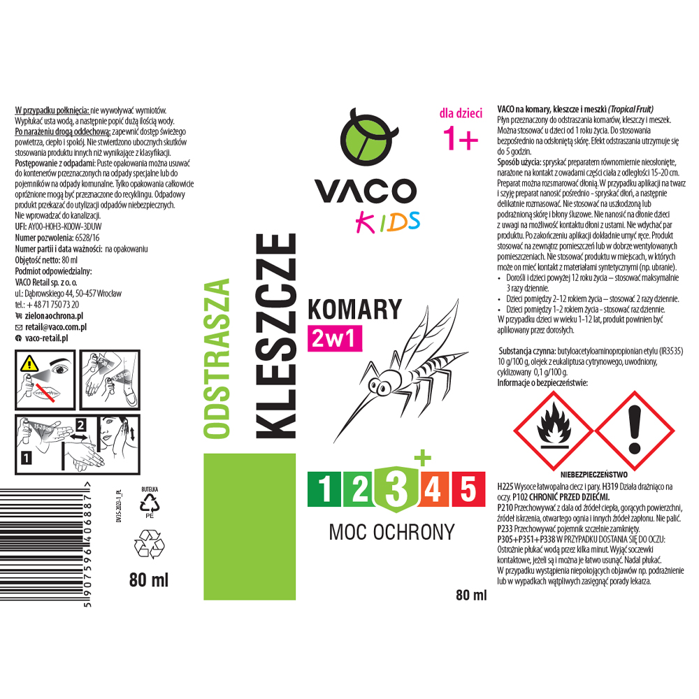 Płyn na kleszcze komary meszki dla Dzieci od 12 m-cy Płyn 80ml VACO KIDS