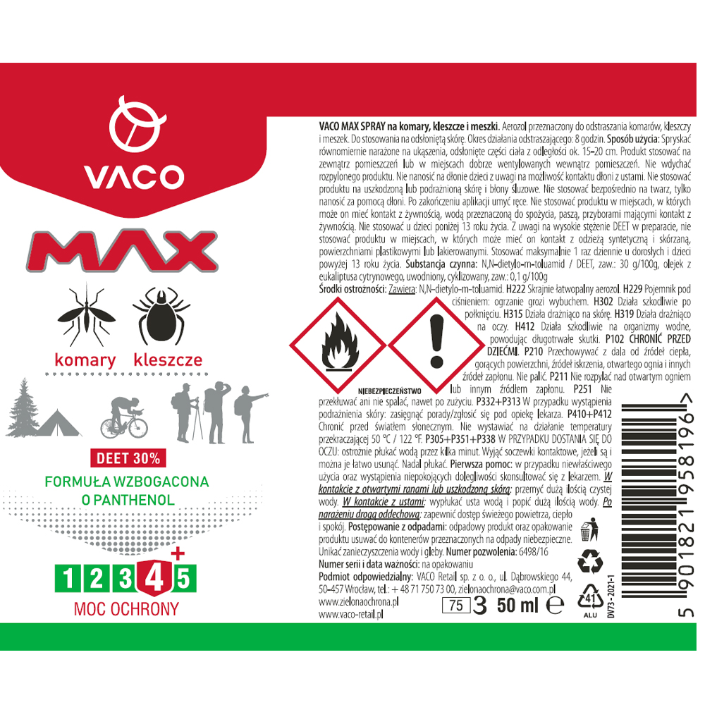 Spray na komary kleszcze meszki z Panthenolem DEET30 50ml VACO MAX